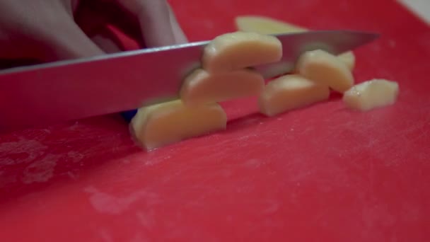 Een vrouw streepjes aardappelen op een rood bord — Stockvideo