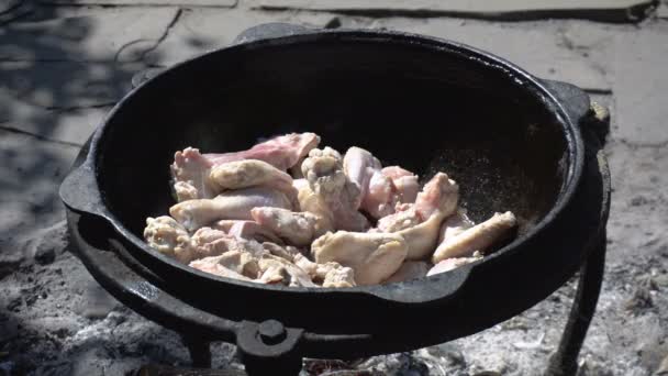 Le poulet est frit dans un chaudron, sur un feu ouvert — Video