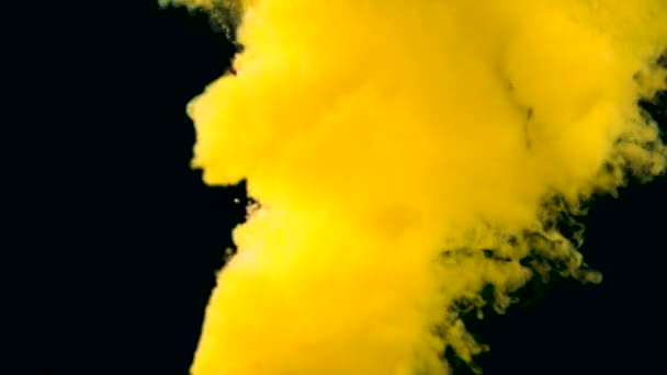 Real Shot Yellow verf in slow motion in het water. Inkt wervelende onderwater. Wolk van inkt botsing geïsoleerd op zwarte achtergrond met alpha. Close-up weergave — Stockvideo