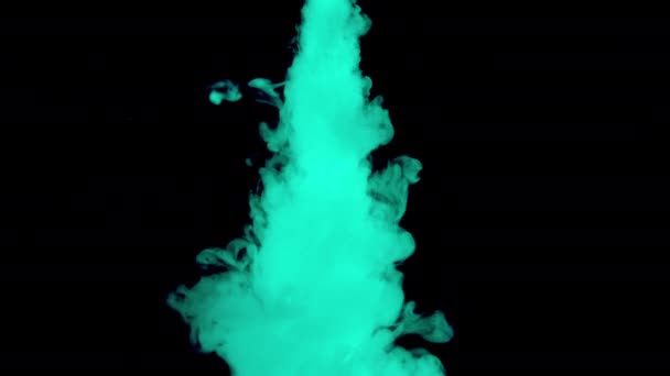 Prawdziwy strzał zielony krople farby w wodzie. Atrament wirowanie pod wodą. Chmura kolizji atramentu odizolowana na czarnym tle z alfa. Zamknij widok. 4K — Wideo stockowe