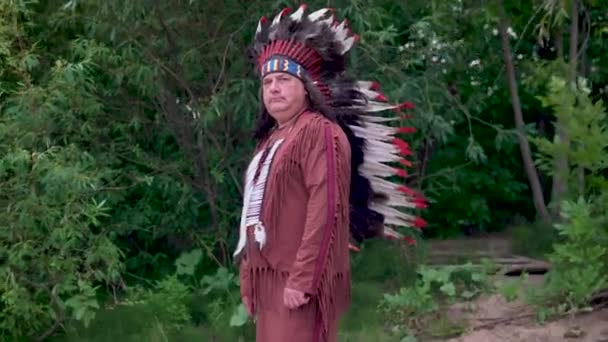昔のインディアンは手を上げることを歓迎した。森の裏側に立つ — ストック動画