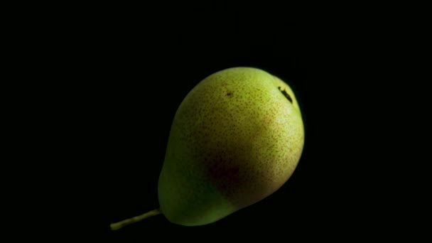 La poire tombe dans l'eau au ralenti. Isolé sur fond noir avec alpha. Vue rapprochée — Video