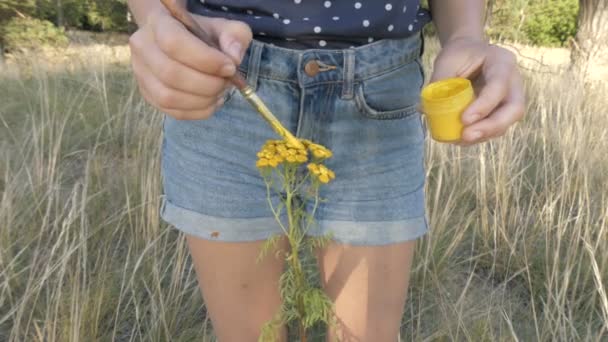 Menina pinta flor amarela — Vídeo de Stock