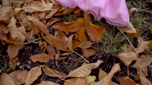 Vestido de bebé rosa se encuentra en hojas amarillas caídas — Vídeo de stock