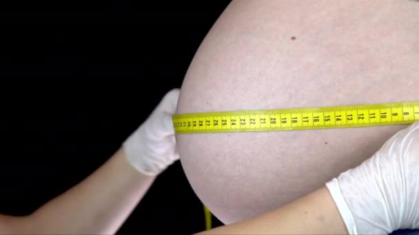 Lekarz mierzy rozmiar brzucha kobiety w ciąży. Młoda kobieta z dużym brzuchem na inspekcji u lekarza — Wideo stockowe