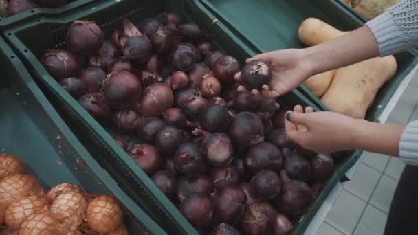 Uma menina escolhe as cebolas vermelhas no mercado — Vídeo de Stock