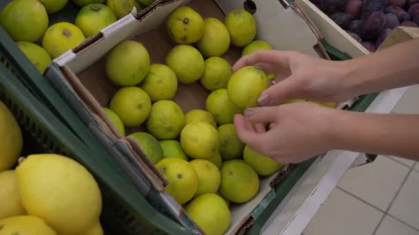 Uma menina escolhe as limas no mercado — Vídeo de Stock