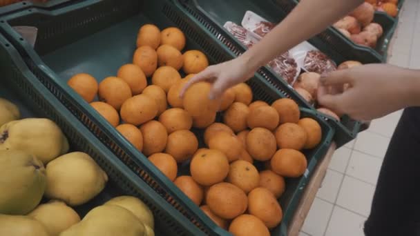 Een meisje kiest de mandarijnen op de markt. — Stockvideo