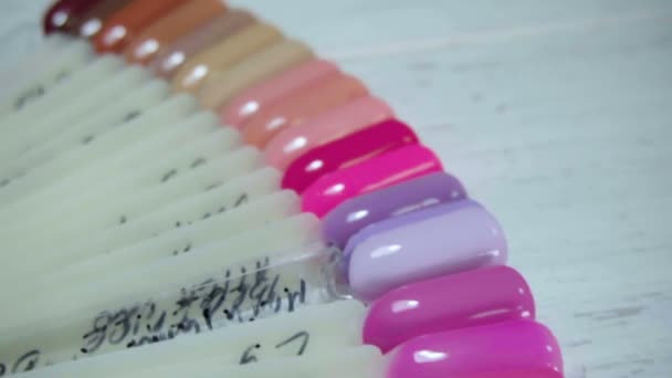 Цветные примеры ногтей в салоне маникюра — стоковое видео