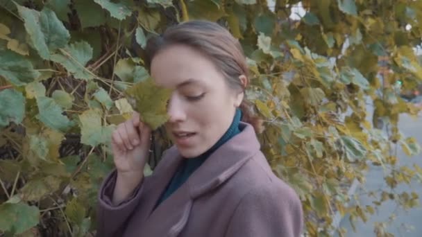 Uma menina em um casaco roxo fica contra o fundo de folhas de uvas selvagens e coloca uma folha de uva no olho. Outono, as folhas ficam amarelas — Vídeo de Stock