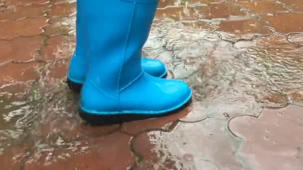 Jumps in a puddle in rubber boots — ストック動画