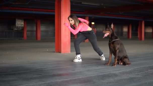 Flickan springer med hunden rasen Doberman på destillation — Stockvideo