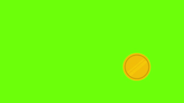 Gouden munten vallen op een groene achtergrond. Bewegingsgrafiek — Stockvideo