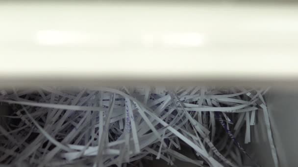 Ein Mann sammelt Müll aus einem Schreddercontainer auf. Schredder schneidet Papier und hinterlässt jede Menge Schutt. Blick auf Container — Stockvideo