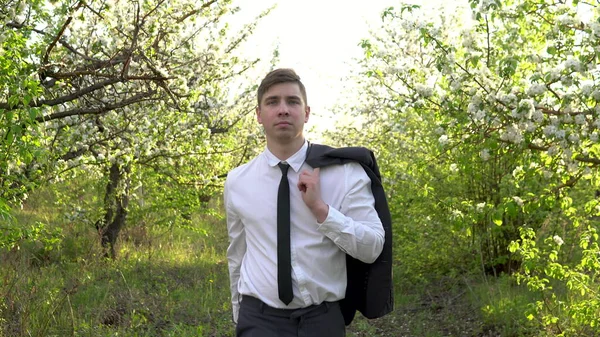 A businessman walks through the apple orchard. A man in a suit in nature.