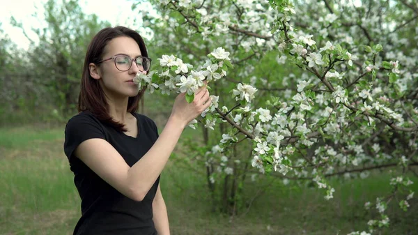 Uma jovem cheira uma árvore com flores. Menina no pomar de maçã . — Fotografia de Stock