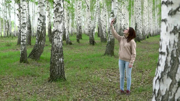 Una joven está buscando una red celular en un bosque de abedules. Una chica está hablando por teléfono, pero la conexión se interrumpe. La mujer está nerviosa. . —  Fotos de Stock