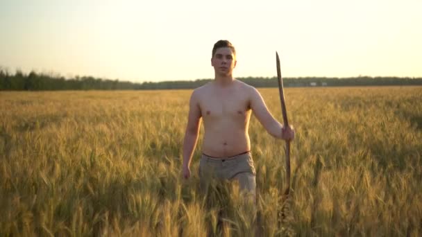 En skjortlös ung man går längs ett vetefält med en pinne i handen. Man i ett gult fält vid solnedgången. — Stockvideo