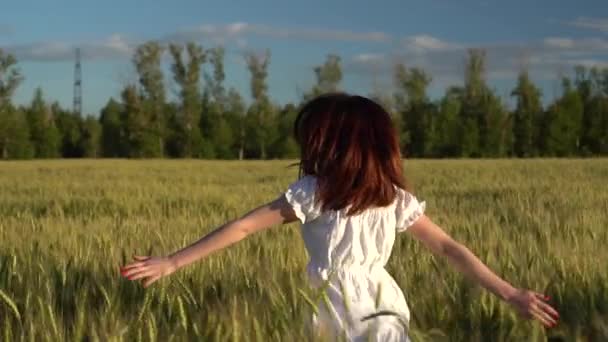 Młoda kobieta biegnie przez boisko w białej sukience. Szczęśliwa dziewczyna na zielonym polu pszenicy. Zwolniony ruch. — Wideo stockowe