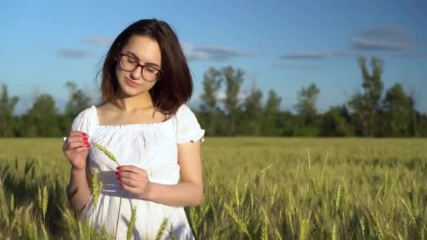 Uma mulher nova em um vestido branco está em um campo de trigo verde e prende um spikelet em suas mãos. A rapariga toca na espigueta. . — Vídeo de Stock