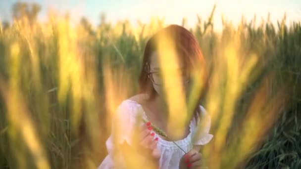 Una joven con un vestido blanco se sienta en un campo de trigo verde y sostiene una espiguilla en sus manos. La chica toca la espiguilla . — Vídeos de Stock