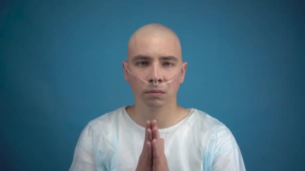 Łysy młody człowiek z onkologią patrzy w kamerę i modli się na niebieskim tle. Pacjent złożył ręce i modlił się z uśmiechem. Utrata włosów w wyniku chemioterapii. — Wideo stockowe