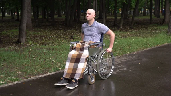 Un joven con oncología monta una silla de ruedas por el parque. El hombre es calvo debido a la quimioterapia.. — Foto de Stock