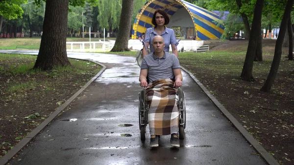 Una mujer está conduciendo a un hombre joven con oncología en silla de ruedas a través del parque. El hombre es calvo debido a la quimioterapia.. —  Fotos de Stock
