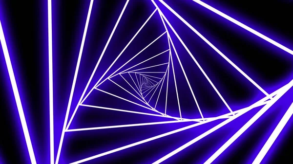 A neon tunnel of triangles spins.
