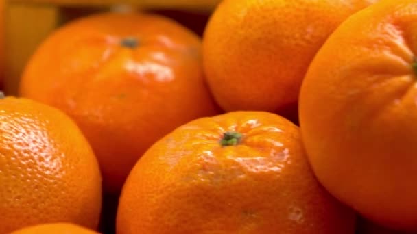 Muitas tangerinas no mercado fecham-se. A câmera está se movendo. — Vídeo de Stock