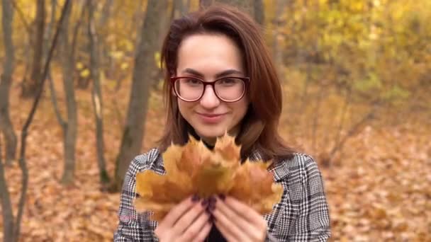 Jonge vrouw in bril houdt een boeket van gele bladeren in het herfstbos — Stockvideo