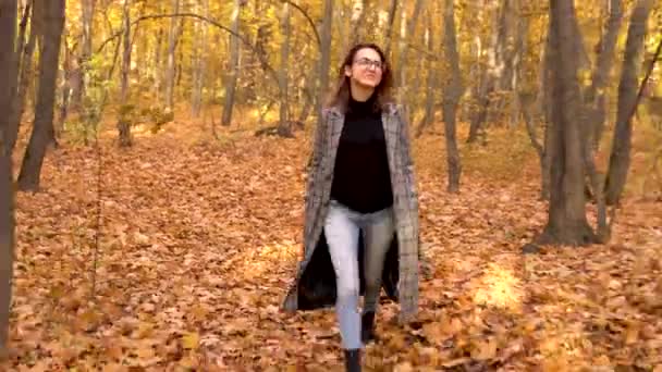 Sonbahar ormanında gözlüklü ve ceketli genç bir kadın yürüyor. Etrafta sarı yapraklar — Stok video