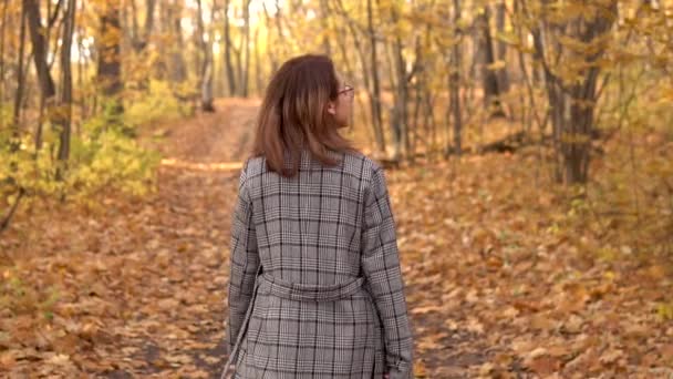 Una joven con gafas y un abrigo pasea por el bosque de otoño. Hojas amarillas alrededor. Movimiento lento — Vídeos de Stock