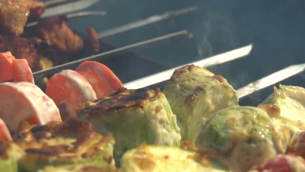 Groenten op spiesjes worden gebakken op de grill close-up. Vegetarische barbecues. Langzame beweging. — Stockvideo