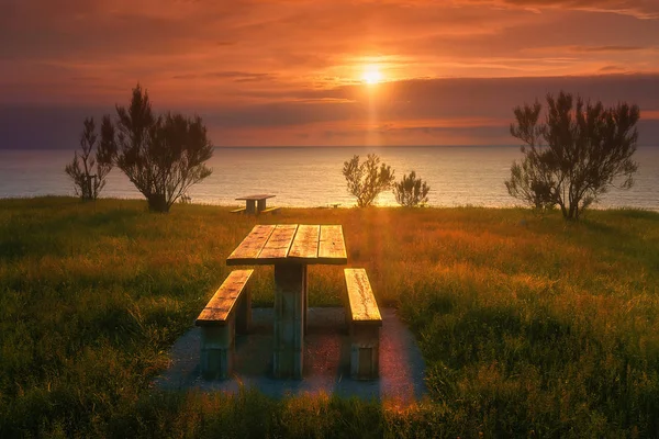 Picnic Table Barrika Coast Sunset — Stock Photo, Image