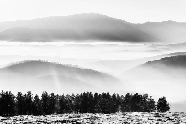 Niebla Matutina Valle Con Montañas Brumosas Blanco Negro — Foto de Stock