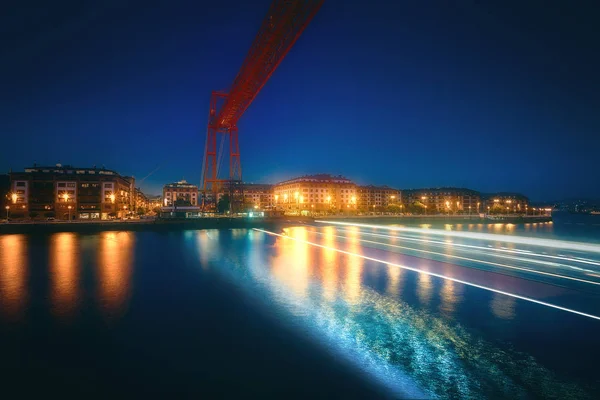 Hängebrücke Von Vizcaya Bei Nacht Mit Langer Belichtung — Stockfoto