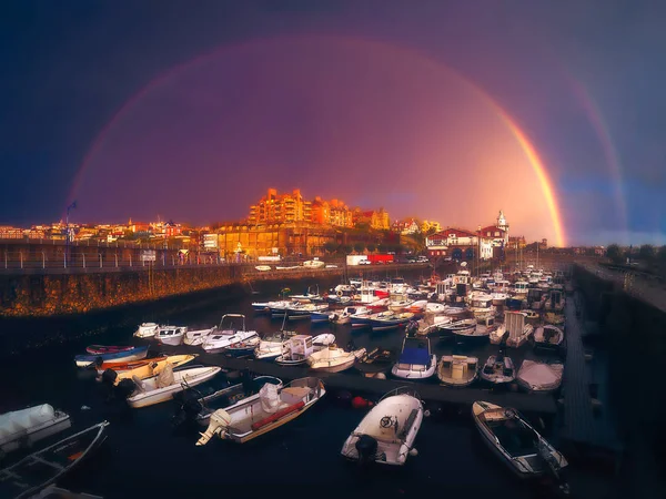 Regnbåge Den Gamla Hamnen Getxo Solnedgången — Stockfoto