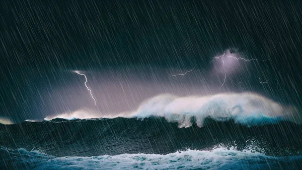 大きな波と雷と海で雷雨 — ストック写真