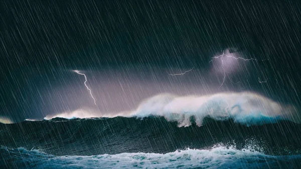 Orage Dans Mer Avec Grandes Vagues Foudre — Photo