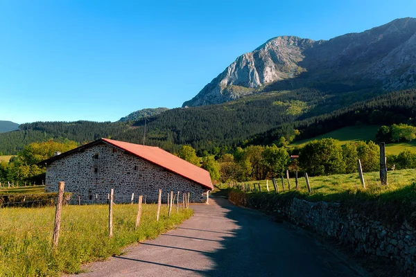 Paisagem rural em Axpe com vista para a montanha Anboto — Fotografia de Stock