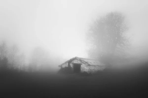 Bauernschuppen Mit Nebel Schwarz Weiß — Stockfoto