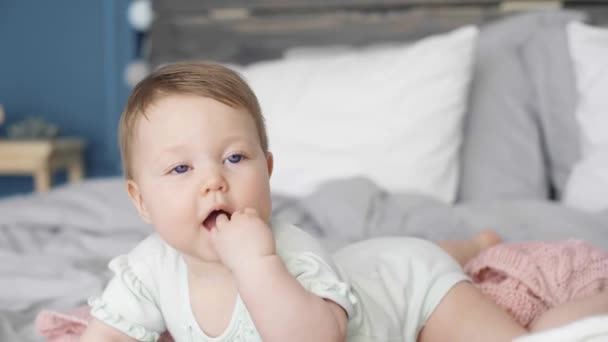 Cheerful Baby Lying Front Bedroom — Stock Video