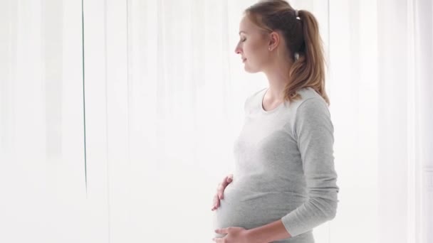 Portrait Happy Pregnant Woman Home — Stock Video