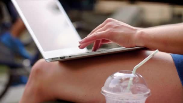 女人在笔记本电脑进行户外上打字 — 图库视频影像