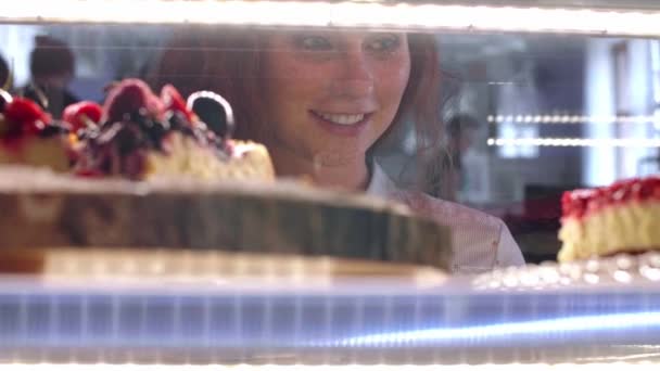 Woman Choosing Cake Cafe — Stock Video