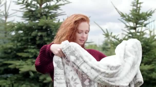 Woman Wrapped Blanket Outdoors — Stock Video