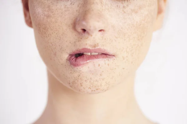 Part Woman Biting Her Lip Studio Shot — Stock Photo, Image