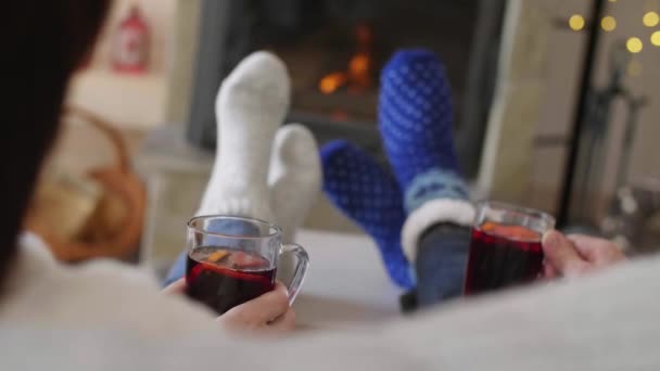 Couple Tea Relaxing Fireplace — Stock Video
