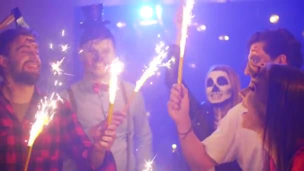 Crazy Friends Sparkler Dancing Halloween Party — Stock Video